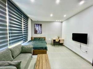 ein Wohnzimmer mit einem Sofa und einem TV in der Unterkunft Căn hộ view Hoàng Hôn chuỗi Space Apartment & HomeStay tại Vinhomes Marina Hải Phòng in Xóm Niêm