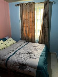 1 cama en un dormitorio con una ventana con cortinas en Impeccable homely 1-Bed Apartment in Nairobi, en Nairobi