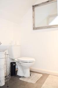 a bathroom with a white toilet and a mirror at Modern Attic Studio Apartment with harbour views in Penzance