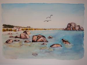 una pintura de una playa con rocas en el agua en HOTEL BOUTIQUE VILAVELLA en O Grove