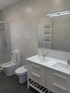y baño con lavabo, aseo y espejo. en Casa Rural Piñuecar - Sierra Norte, en Piñuécar