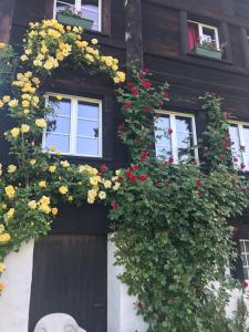 a building with flowers on the side of it at Charming alps apartment perfect for walk/cycle/ski in Eschenbach