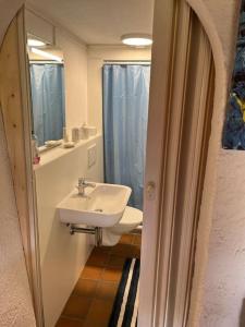 a bathroom with a sink and a mirror at Charming alps apartment perfect for walk/cycle/ski in Eschenbach