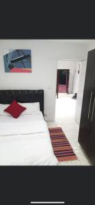 金伯利的住宿－Oasis self catering，卧室配有白色的床和红色枕头