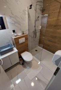 een witte badkamer met een douche en een toilet bij A8 b&b in Zagreb