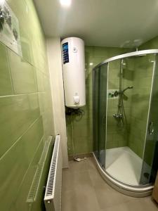ein Bad mit einer Dusche und einer Glastür in der Unterkunft Family stay in Pavilosta in Pāvilosta