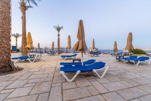 シャルム・エル・シェイクにあるThe Sharm Plazaのビーチのラウンジチェアとパラソルのグループ