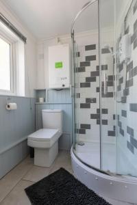 a bathroom with a toilet and a glass shower at Stylish 2BD Family Hideaway in Dover in Dover