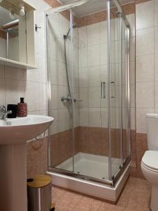 um chuveiro com uma porta de vidro na casa de banho em Platanos em Samothráki