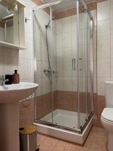 a shower with a glass door in a bathroom at Platanos in Samothraki +15 photos