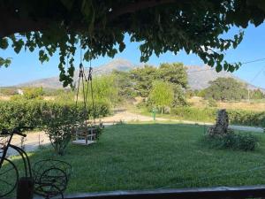 a view of a yard with mountains in the background at Platanos in Samothraki