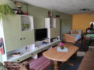 ein Wohnzimmer mit einem TV und einem Tisch in der Unterkunft Privat ALMA in Nová Lesná