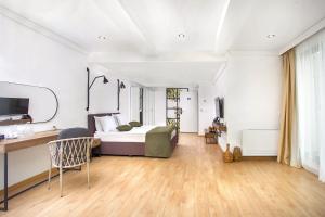 a bedroom with a bed and a desk and a television at Olive Villas Beach Hotel in Sozopol