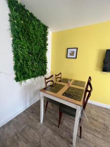 une table à manger avec des chaises et un mur vert dans l'établissement LE VINTAGE DEOLOIS - proche aéroport - spacieux, à Déols