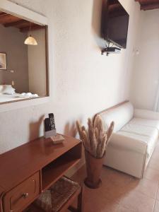 a room with a couch and a desk and a mirror at Agia Roumeli Hotel in Agia Roumeli