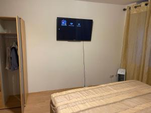 a bedroom with a bed and a flat screen tv on the wall at Appartement Trier Zentrum ( mit Mosel Blick ) in Trier