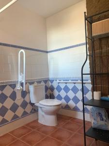 a bathroom with a toilet with blue and white tiles at Casa Monegros in Lastanosa