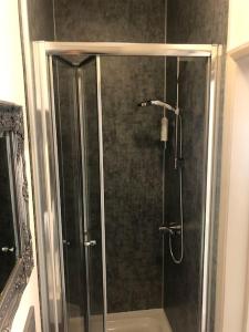 a shower with a glass door in a bathroom at Newly Renovated Modern Studio Apartment in Penzance