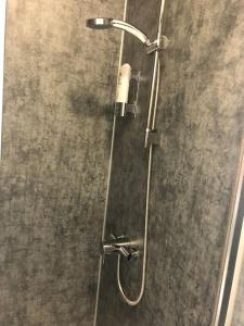 a shower with a shower head in a bathroom at Newly Renovated Modern Studio Apartment in Penzance