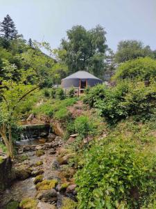 a tent on a hill next to a stream at la Yourte des Bibis in Fréland