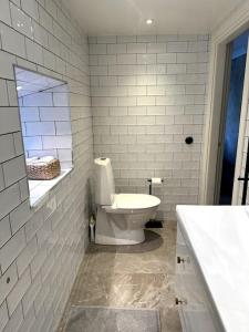 Baño blanco con aseo y espejo en Vackert kalkstenshus på Gotland 
