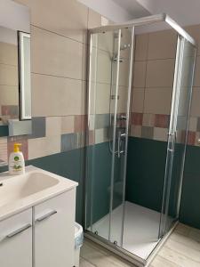 La salle de bains est pourvue d'une douche en verre et d'un lavabo. dans l'établissement La casa dell’Aurora, à Falcone