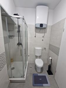 een badkamer met een douche, een toilet en een weegschaal bij Villa Galleria in Sukošan +33 foto's