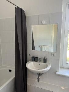 a bathroom with a sink and a mirror at Apartment 2 - Haus Lausitzring in Annahütte
