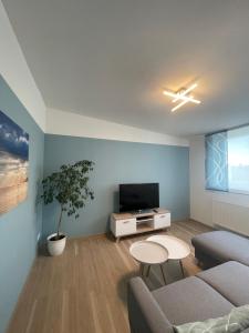 een woonkamer met een bank en een tv bij Ferienwohnung MaRe in Oberteuringen