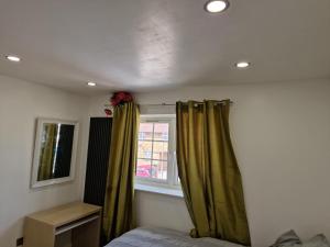 um quarto com cortinas verdes e uma janela em Studio Flat with kitchen and toilet included em Dagenham