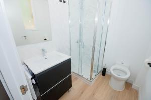 La salle de bains est pourvue d'une douche, d'un lavabo et de toilettes. dans l'établissement For You Rentals Cozy and charming 3-bedroom apartment in Madrid ASR18, à Madrid