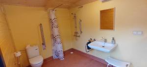 La salle de bains est pourvue d'un lavabo, de toilettes et d'une douche. dans l'établissement la Yourte des Bibis, à Fréland