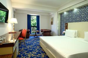 um quarto de hotel com uma cama e uma cadeira em Royal Plaza by Stellar Hotels, Yerevan em Yerevan