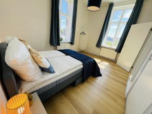 aday - Blue light suite apartment in the center of Hjorring في يورينغ: غرفة نوم صغيرة بها سرير ونوافذ