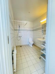 y baño con aseo y lavamanos. en aday - Blue light suite apartment in the center of Hjorring, en Hjørring