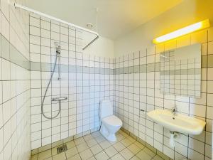 La salle de bains est pourvue d'une douche, de toilettes et d'un lavabo. dans l'établissement aday - Blue light suite apartment in the center of Hjorring, à Hjørring