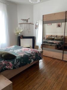 een slaapkamer met een bed en een grote spiegel bij Appartement Haussmannien in Épernay