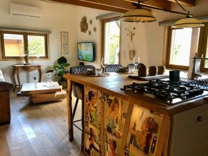 a kitchen with a stove and a living room at Chalet La Bohème in Prouilly