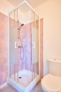 uma casa de banho com chuveiro e WC em L'appartement em Pontarlier