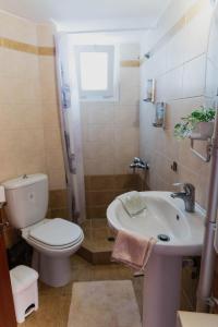 a bathroom with a white toilet and a sink at Villa de N.A.P.E in Hanioti +82 photos