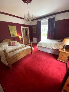 a bedroom with two beds and a red carpet at Creamore Grove Wem Shrewsbury in Wem