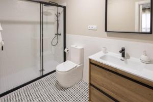 La salle de bains est pourvue d'une douche, de toilettes et d'un lavabo. dans l'établissement Miño suites II, à Miño