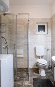 a bathroom with a toilet and a shower and a sink at Apartman Tonči Bruno - obnovljen 2026 sa novim dvorištem in Pag +15 photos