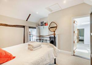 a bedroom with a bed with a mirror and a fireplace at Old Flint Bank Cottage in Harleston