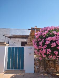 ein Haus mit einer blauen Tür und rosa Blumen in der Unterkunft Liama Macchia degli Specolizzi in Lido Marini