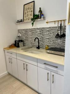 eine Küche mit einer Spüle und einer Arbeitsplatte in der Unterkunft Haneemanim Apartments in Haifa