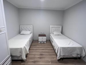 ein Zimmer mit 2 Betten und einem Nachttisch dazwischen in der Unterkunft Bayraktar apart in Pelitli