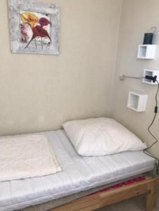 ein Bett mit einem weißen Kissen und einem Bild an der Wand in der Unterkunft Hahnenklee Ferienpark,  Familie Bührmann in Hahnenklee-Bockswiese
