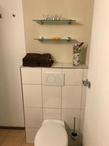 ein Badezimmer mit einem weißen WC und einem Regal in der Unterkunft Hahnenklee Ferienpark,  Familie Bührmann in Hahnenklee-Bockswiese