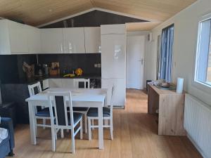 cocina y comedor con mesa y sillas en Haus Zander en Lohmen